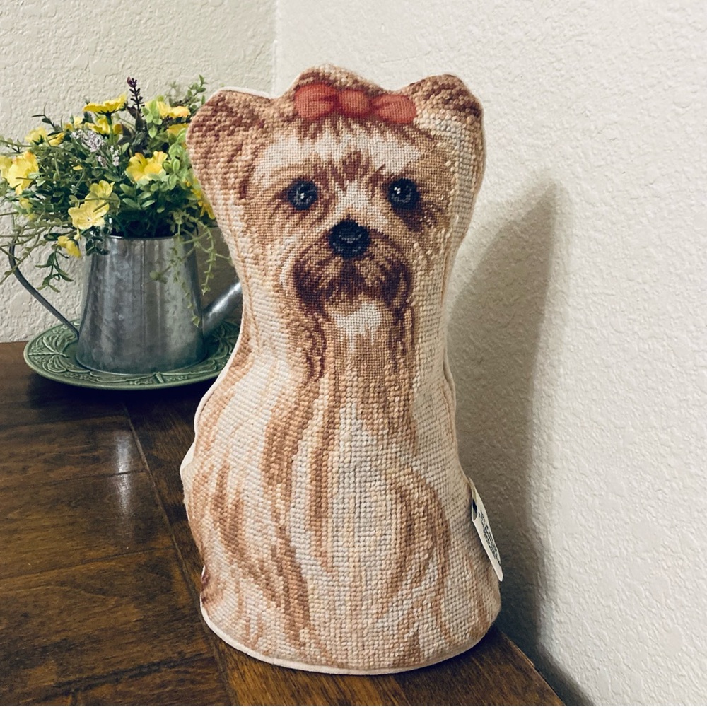 Vintage Yorkshire Terrier with Ribbon Needlepoint dog shaped accent pillow - Picture 10 of 14